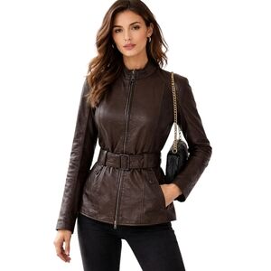 Andrew Mark New York Genuine Leather Belted Jacket Chocolate Brown Size M